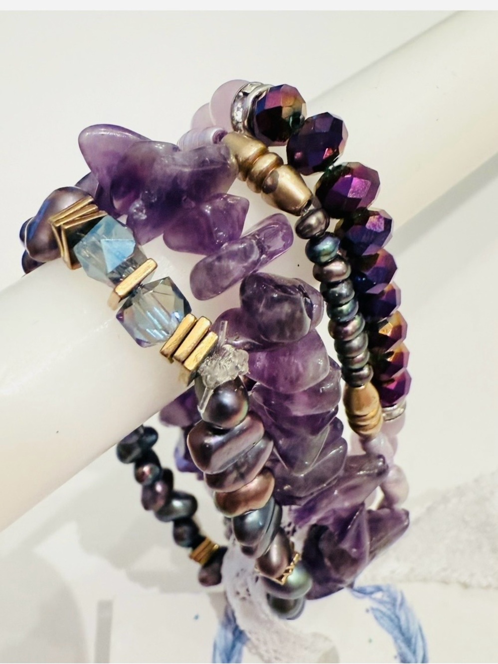 Handmade Purple Gemstone & Bead Stretch 4 Bracelet Set